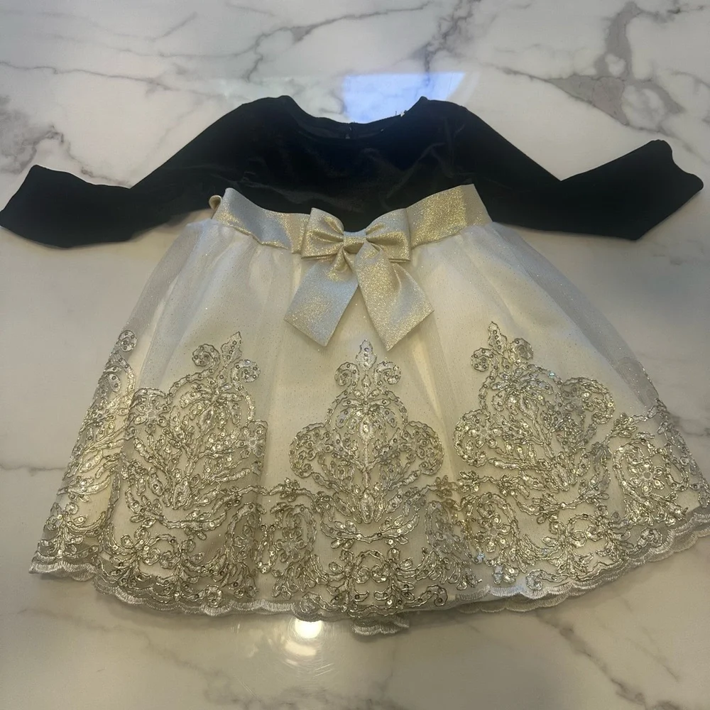 Rare Editions Black Velvet Dress with Gold Embroidery